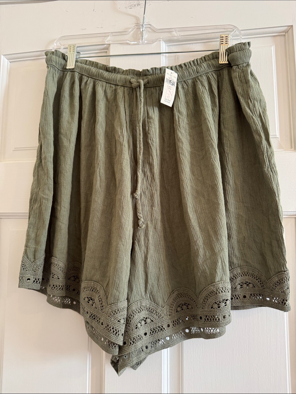 aerie Olive Green Drawstring Shorts with Crochet Trim